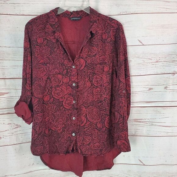 Rock & Republic Rose Print Button Front Blouse Shirt Top High Low Large - Picture 1 of 5